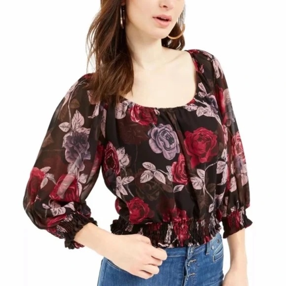 Guess Tops - GUESS Black Floral Sleeve Scoop Neck Top